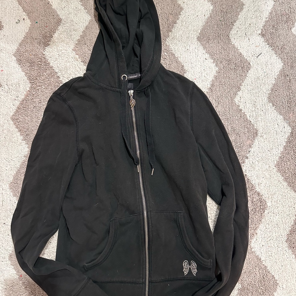 Black Zip-Up Hoodie with Angel Wing Design